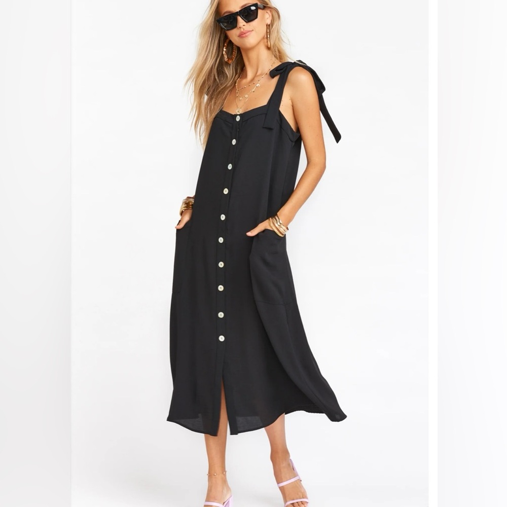 Show Me Your MuMu  Black Midi Dress Tie Straps Pockets Summer Chic SZ S EUC